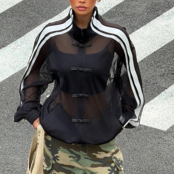New Chinese Style Buckle Jacket for Men and Women, Summer Thin Design, Perspective Design, Stand up Collar Cardigan Jacket