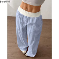 2026 Women'S Fashion Striped Wide-Leg Pants Elastic Waist Casual Daily Wear Stylish Soft Fabric Relaxed Fit Versatile Long Pants