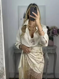 Women'S Fashion Embroidered Sexy Tassel Spliced Skirt Female Temperament High Waist Knot Asymmetrical Casual Midi Skirt