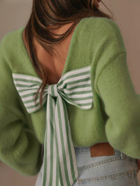 Spring Easter Fresh Fruit Green Knitted Sweater for Women with Large Bow on the Back, Striped Ribbon Decoration, V-Back, Loose Fit, Drop Shoulder, Long Sleeve Pullover, Soft and Cozy Knit, Gentle Vibe, Suitable for Par
