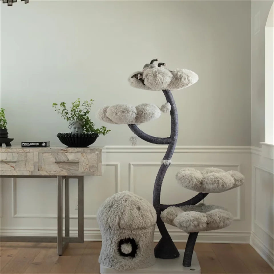 Gray 1 Modern Cat Tree Tower Wooden Flower Cat Tree Wood Floral Cat Climbing Tree Tower for Scratcher Christmas