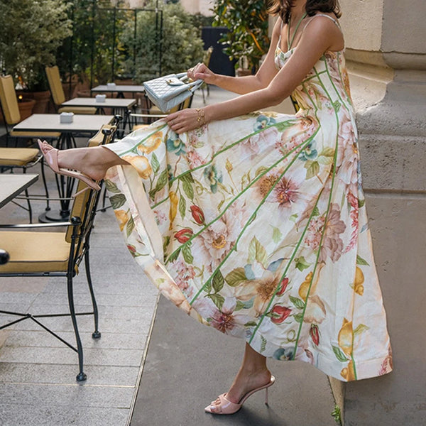 Fashion High Waist Evening Dress Lady Temperament Elegant Floral Printed Halter Dress Summer Sleeveless Slim Pleated Party Dress
