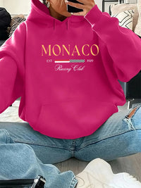 Women'S Autumn and Winter Fashionable Casual Loose Monaco Pattern Printed round Neck Long Sleeved Drawstring Hooded Pullover