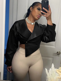 PU Leather Women Jackets Cool Simple Solid Full Sleeve Irregular Lapel Slim Crop Coats Female Casual Streetwear Outwear