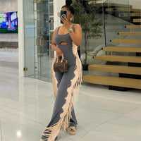 M-6207 European and American Fashion Women'S Casual Elegant Color-Blocked Individuality Tassel Casual Base Pant Jumpsuit