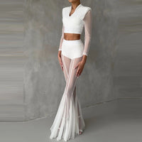 Elegant High Waist Slim Straight Trousers Sexy See through Mesh Flare Pants for Women Summer Solid Commute Lady Long Pants Mujer