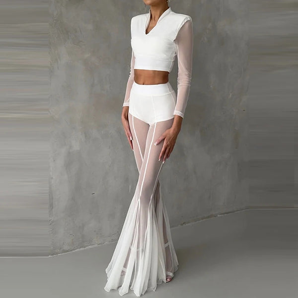 Elegant High Waist Slim Straight Trousers Sexy See through Mesh Flare Pants for Women Summer Solid Commute Lady Long Pants Mujer