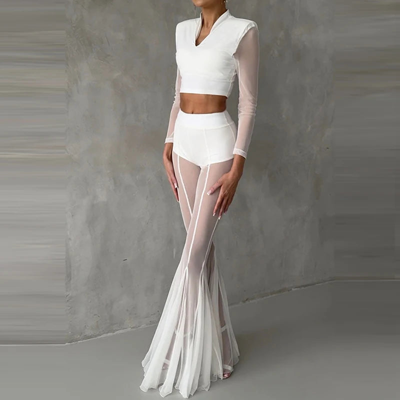 Elegant High Waist Slim Straight Trousers Sexy See through Mesh Flare Pants for Women Summer Solid Commute Lady Long Pants Mujer