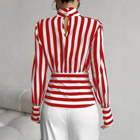Fashion Baggy Stripes Women Blouse Elegant High Collar Long Sleeve Shirts and Blouses Vintage Girdle Lace-Up Top Women Clothes