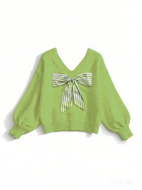 Spring Easter Fresh Fruit Green Knitted Sweater for Women with Large Bow on the Back, Striped Ribbon Decoration, V-Back, Loose Fit, Drop Shoulder, Long Sleeve Pullover, Soft and Cozy Knit, Gentle Vibe, Suitable for Par