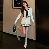 Preppy Patchwork Knitted Suit Women'S V-Neck Short Knitted Cardigan+A-Line Mini Pleated Skirt Autumn Party 2-Piece Set A139