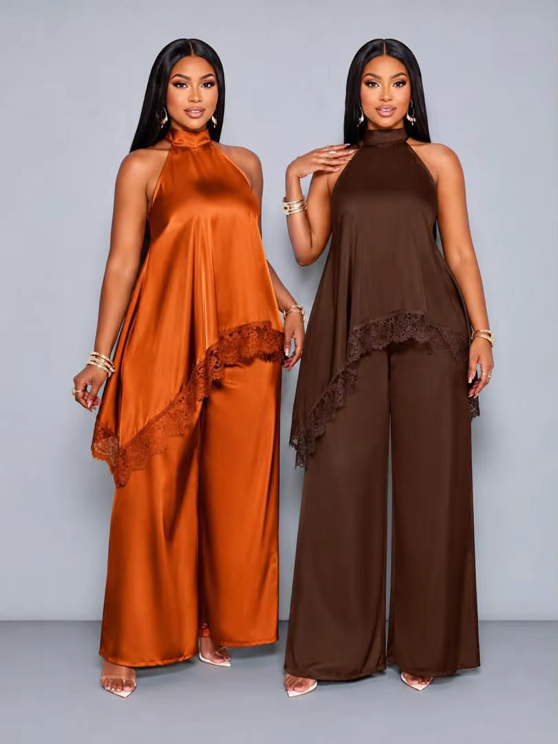 Ensemble 2 Pièces Femme Satin Licou Dentelle