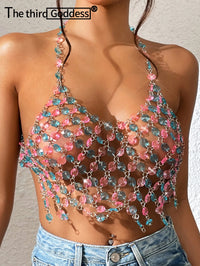 Sexy See through Metal Rhinestone Crop Top Women Summer Beach Club Party Tops Woman Crystal Halter Tank Top Hotwife Street Wear