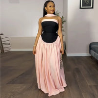 Women Fashion Halter Neck Pleated Big Swing High Waist Maxi Long Dress 2025 Summer Party Night Club Vestidos Dresses