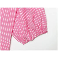 Women'S Striped Shirt New 2026 Spring Casual Short Puff Sleeve Lapel Collar Flared Hem Button Women Shirt & Blouses Female Tops
