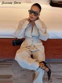 Fashion Solid Two-Piece Set Women'S Lapel Single Breasted Back Lace up Shirt Loose Pants 2026 Summer New Lady Casual Outfit