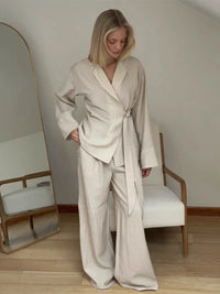 Parc Fee Fashion Loose Khaki 2 Piece Set Women 2026 Elegant Long Sleeve Shirt with High Waist Wide Pants Set Female Clothing