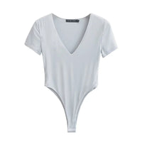 Women'S V-Neck Short Sleeve High Split Bodysuit Stretchable Slim Top Jumpsuit