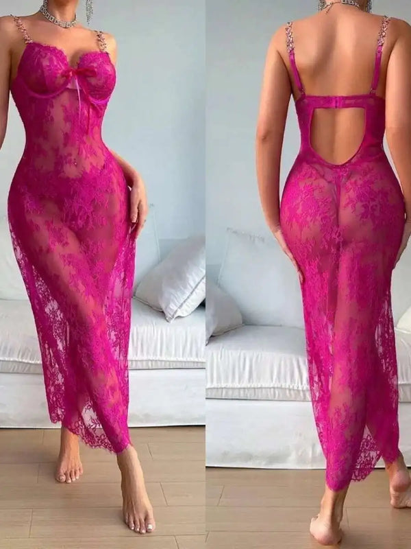 Robe longue dentelle rouge rose