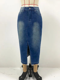 Streetwear Women Vintage Denim Long Skirt Slim High Waist Washed Distressed Button Pockets a Line Casual Female Split Skirts