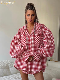 Fashion Loose Stripe 2 Piece Sets Women Outfit 2025 Elegant Long Sleeve Shirt with High Waist Ruffle Shorts Set Female