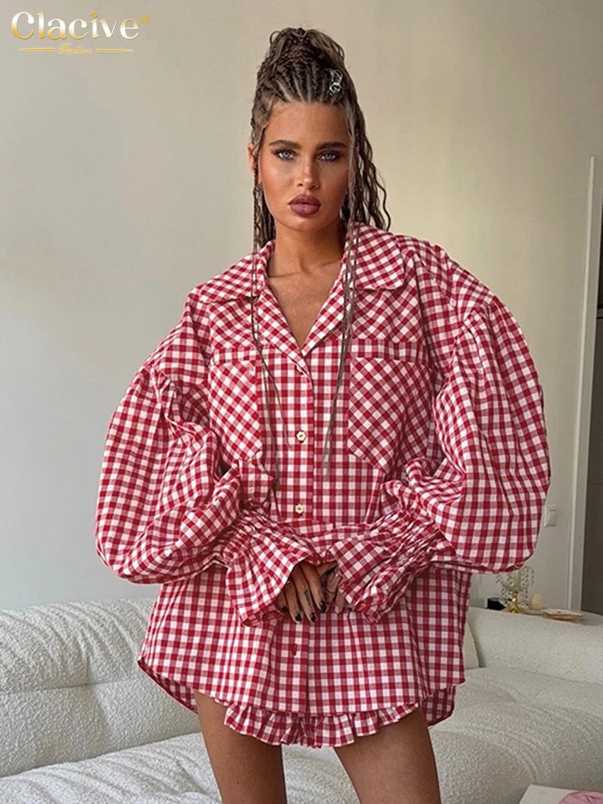 Fashion Loose Stripe 2 Piece Sets Women Outfit 2025 Elegant Long Sleeve Shirt with High Waist Ruffle Shorts Set Female