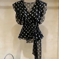 Women Chiffon Polka Dot Printing Bandage Vintage Blouse Thin Sleeveless Temperament Shirt Tops Summer Elegant Fashion Clothing