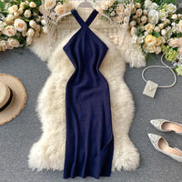 Elegant Solid Women'S Dresses Knitted V Neck Backless Elastic Dresses for Women Slim Bodycon Vestido De Mujer Outfits