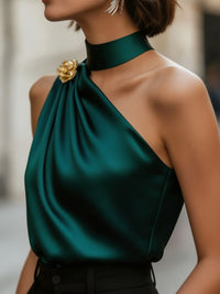 Chic Halter One Shoulder Satin Draped Dark Green Blouse, Sleeveless Top for Party & Office Women