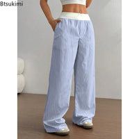 2026 Women'S Fashion Striped Wide-Leg Pants Elastic Waist Casual Daily Wear Stylish Soft Fabric Relaxed Fit Versatile Long Pants