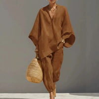Casual V-Neck Two Piece Set Women Outfits Summer 2026 Fashion Loose Long Sleeve Tops and Wide Leg Pants Sets Suits Elegant