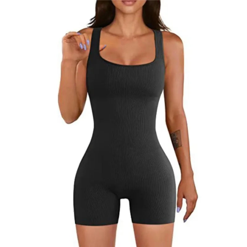 Plus Size 1XL-5XL Women'S Slim Fit Sports Jumpsuit Ribbed Square Neck Sleeveless Casual Comfortable Jumpsuit