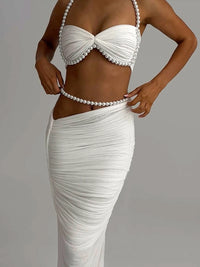 Sexy Bead Patchwork 2-Piece Set Women Ruched Halter Bra+Waistless Bottom Matching Elegant Beach Vacation Slim Outfits