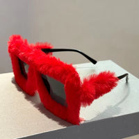 Oversized Plush Sunglasses Y2K Fluffy Square Punk Sun Glasses Trendy Novelty Decor Winter Shades for Christmas Party