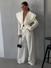 Laur 2026 Oversized Double Layer Lapel Cropped Blazer Two Piece Set High Waist Wide Leg Trousers Elegant Formal Matching Outfit