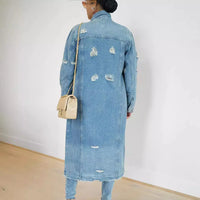 Women Long Denim Jacket Hole Overcoat Single Breasted Pockets Turn down Collar Female Streetwear Vintage Jean Outerwear