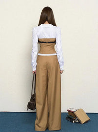 Autumn Korean Style Fake Two Piece Splicing Slim Fit Long Sleeve Shirt High Waist Wide Leg Pants Set Two Piece Set Women Outfits