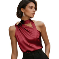 Chic Halter One Shoulder Satin Draped Burgundy Sleeveless Blouse, Tank Top for Party & Office Women