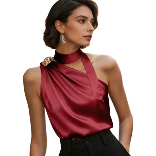 Chic Halter One Shoulder Satin Draped Burgundy Sleeveless Blouse, Tank Top for Party & Office Women