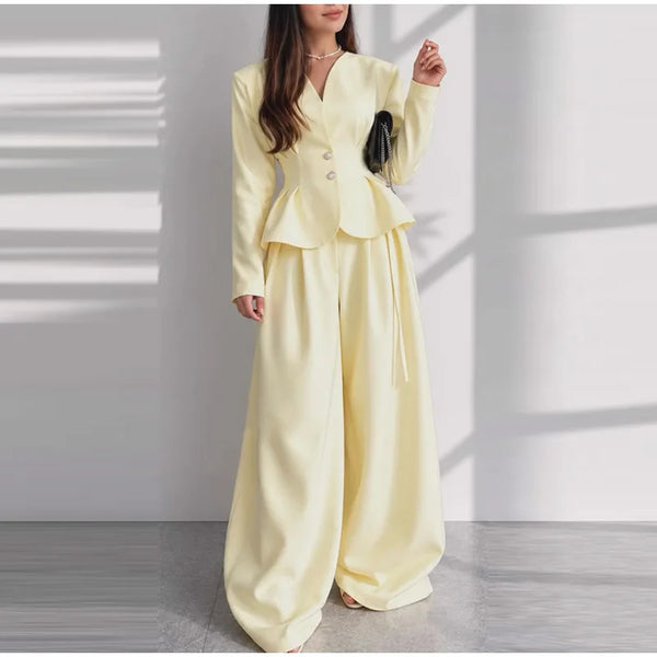 Elegant Waist-Cinching Blazer Pants Set Women'S Slim V-Neck Single-Breasted Pleated Coat Loose Wide Leg Trousers 2026 New Outfit