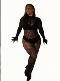 Plus Size Leopard Print Full Body Mesh Bodysuit Long Sleeve Gloves Footed Fishnet Sexy Lingerie Jumpsuit