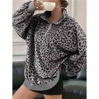 Women'S Half Zip Stand Collar Leopard Ribbed Oversized Sweatshirt Gray S