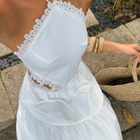 Women Stylish Summer Two Piece Set Lace Trim Cami Top and Tiered Maxi Skirt Boho Female Versatile Date Vacation Party Beachwear