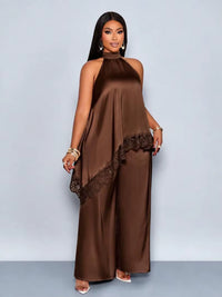Ensemble 2 Pièces Femme Satin Licou Dentelle