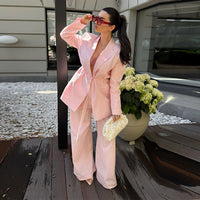 Lapel Women Suit Set Structured Shoulder Tie Waist Long Sleeve Blazer High Waist Wide Leg Trousers Two Piece Suit Daily Fashion