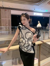 Temperament Lady Tops Summer Blouses Women'S Clothes off Shoulder Irregular Shirts Loose Print Skew Collar Sexy Camisas De Mujer