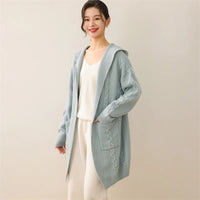 New Women 100% Merino Wool Knitted Solid Color Hodded Long with Two Pockets Cardigan Thick Comfortable Top Warm Soft Clothing