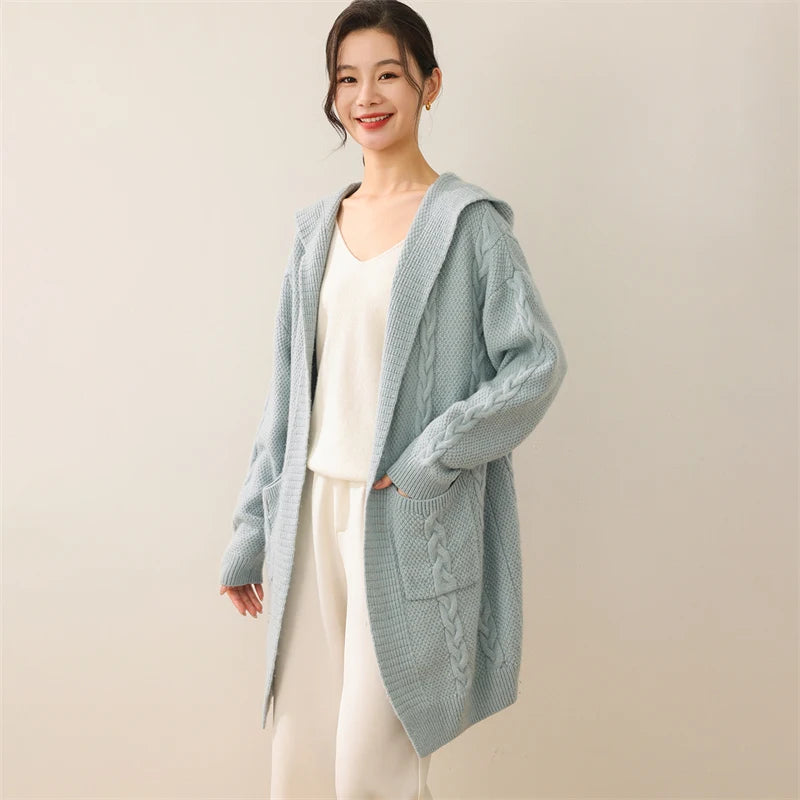 Cardigan long femme élégant avec capuche