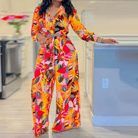 Turn-Down Collar Bandage Top Two Pieces Sets, Women Spring Summer Loose Wide Leg Pants Outfit, Long Sleeve Simple Ladies Suits