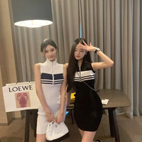 Korean Style Women Lady Dresses Knit Sleeveless Half Zipper Vestidos Sexi Slim Streetwear Stripe Party Polo Nigh Club Hip Dress